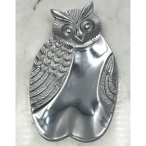 VTG Owl Serving Platter Silver Textured Metal Tabletop Dish Catchall 12"